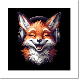 Funny Smiling musical fox wearing headphones Posters and Art